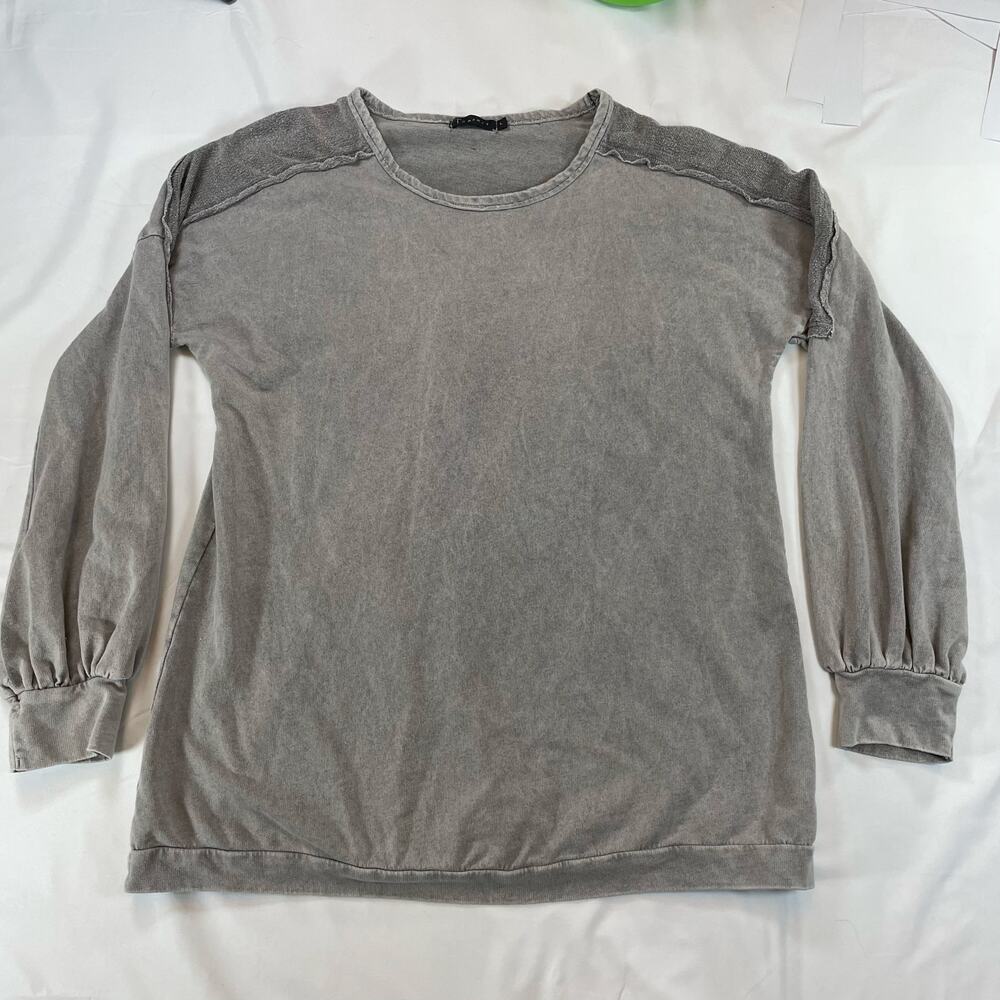 T Party Mineral Wash Balloon Sleeve Raw Seam Pullover Top Gray Large Women